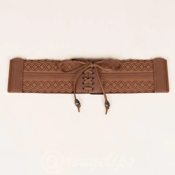 PU Wide Corset Laser Cut Hollow Out Brown Belt Boho - Picture 2 of 6